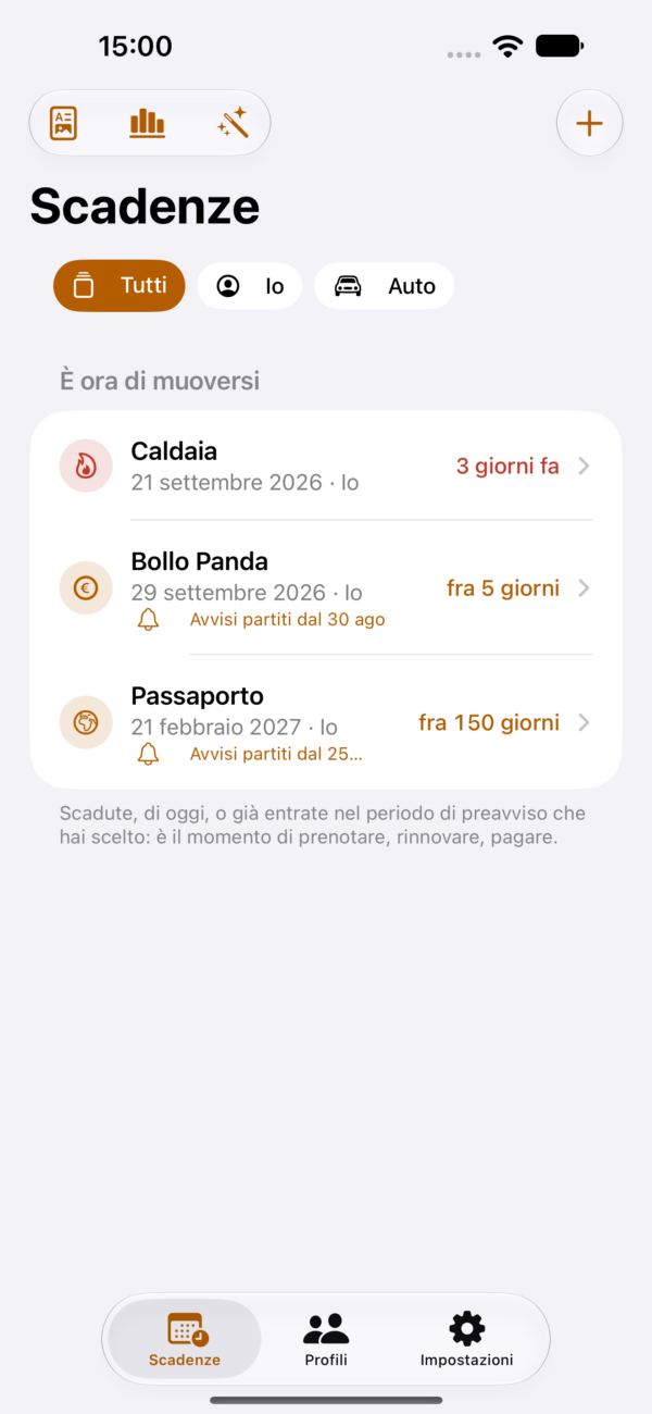 Screenshot di Scadora: scadenze e rinnovi